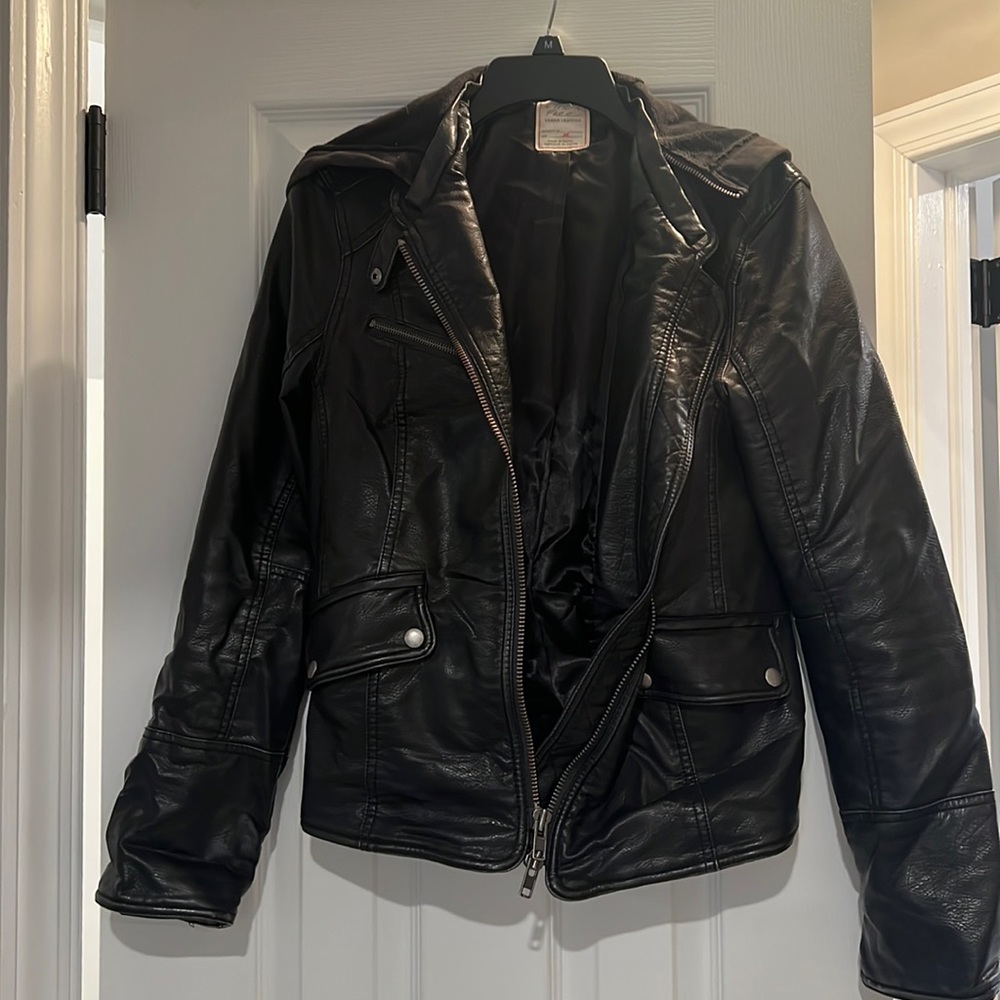Vegan leather hooded jacket